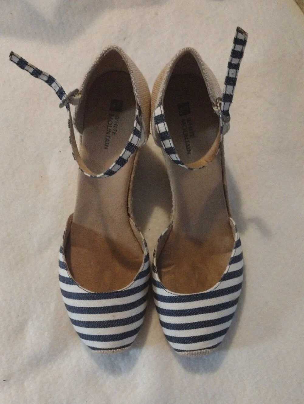 White Mountain Denim Navy and Beige Striped Espadrille Wedge Sandals Size 10